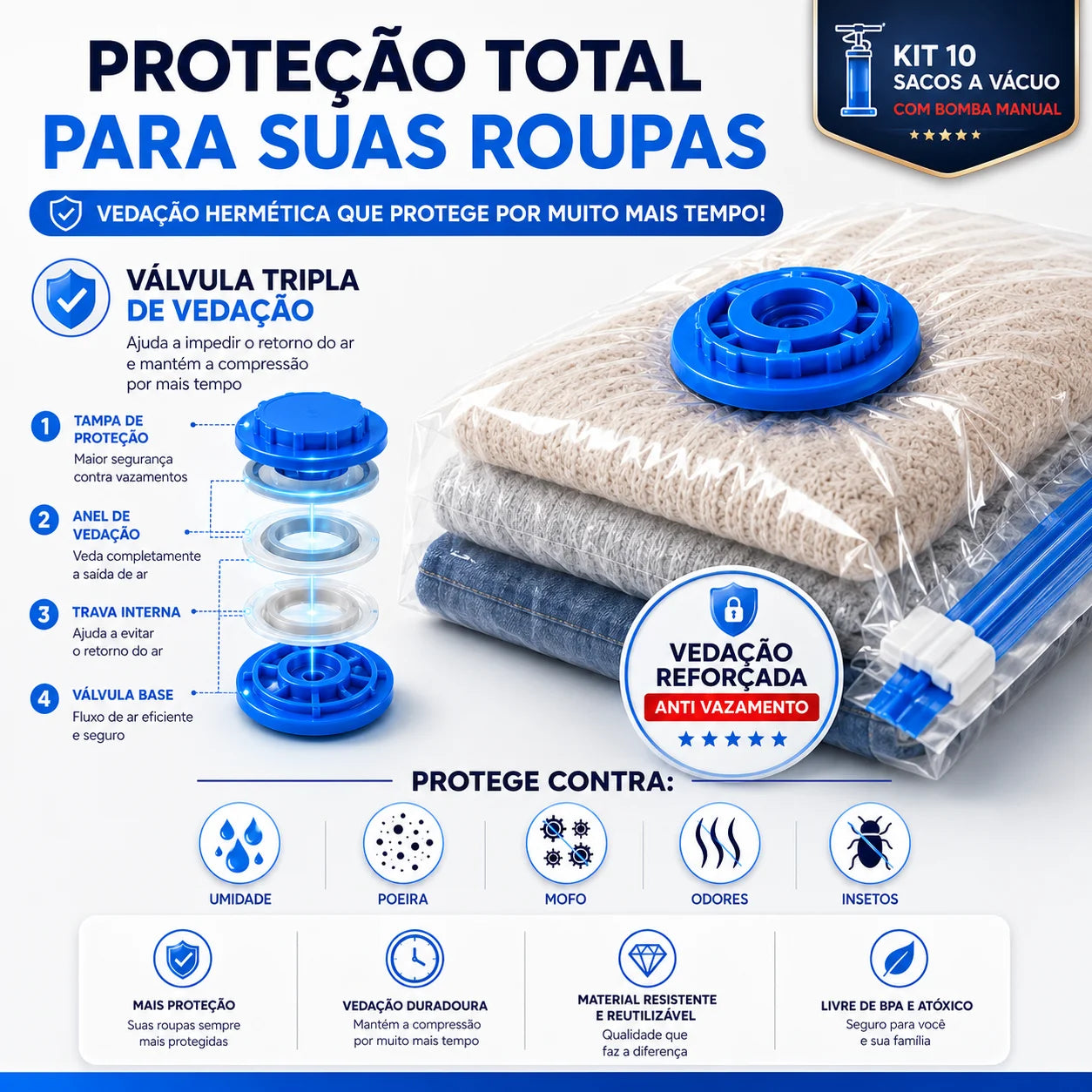 Kit 10 Sacos a Vácuo com Bomba Manual para Viagem e Organização