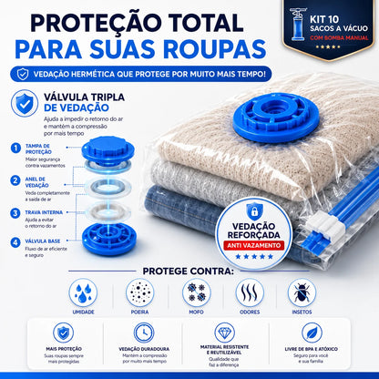 Kit 10 Sacos a Vácuo com Bomba Manual para Viagem e Organização