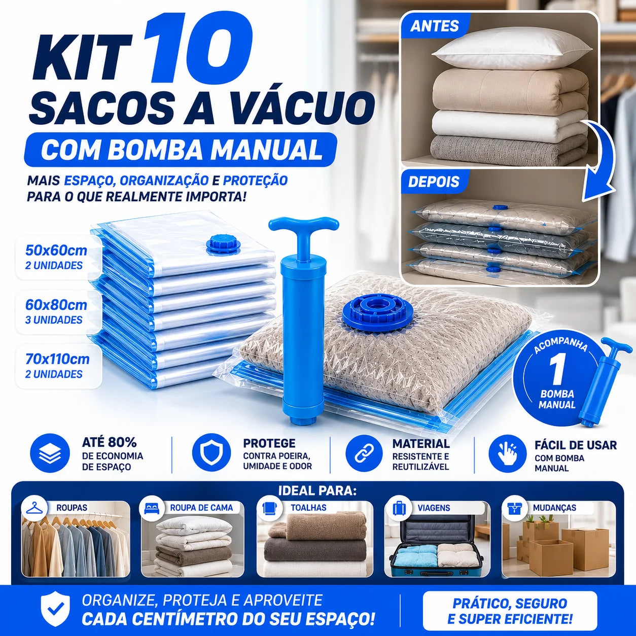 Kit 10 Sacos a Vácuo com Bomba Manual para Viagem e Organização