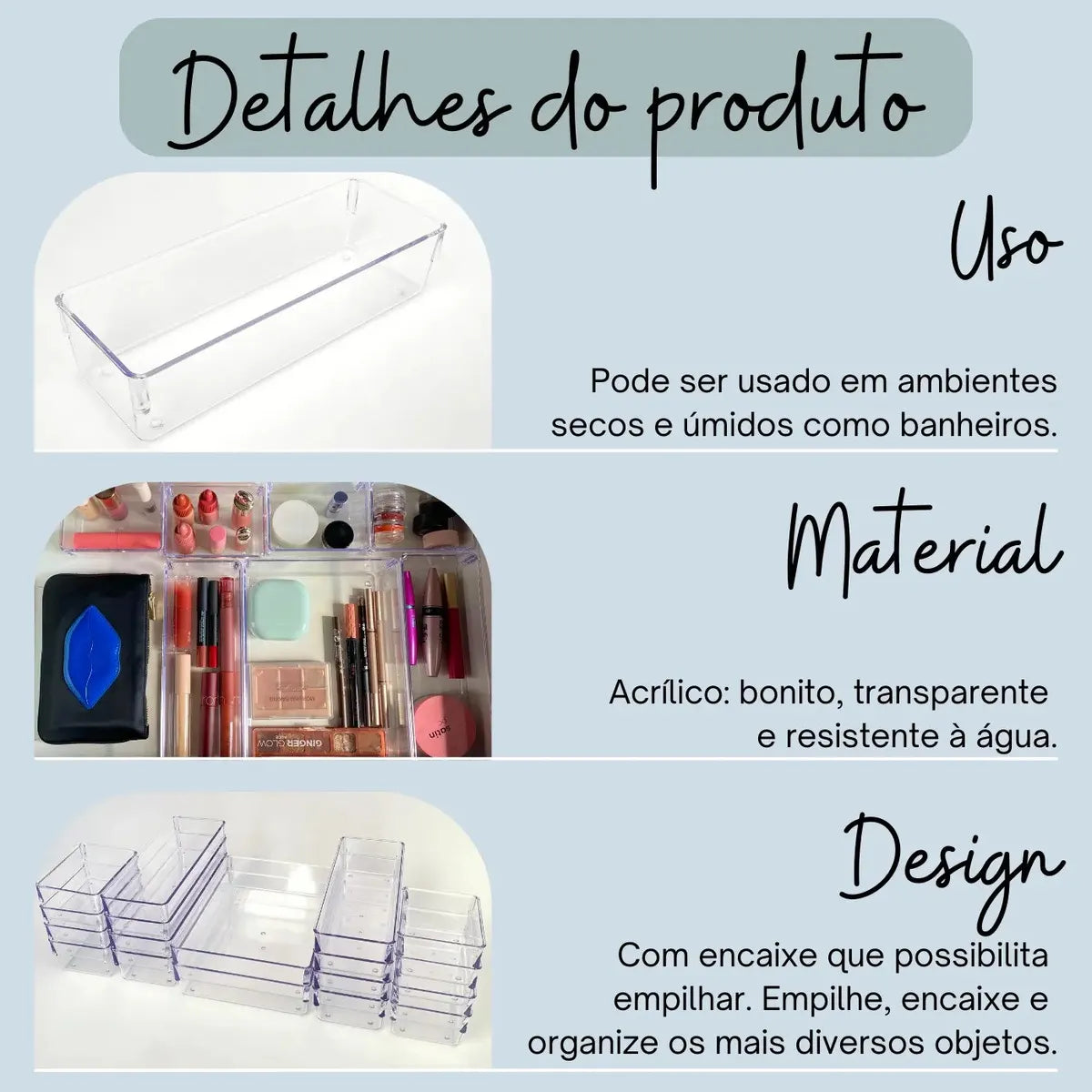 Kit 7 Organizador Acrílico Gaveta Modular Multiuso Maquiagem Transparente