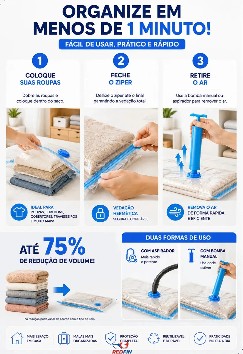Kit 10 Sacos a Vácuo com Bomba Manual para Viagem e Organização