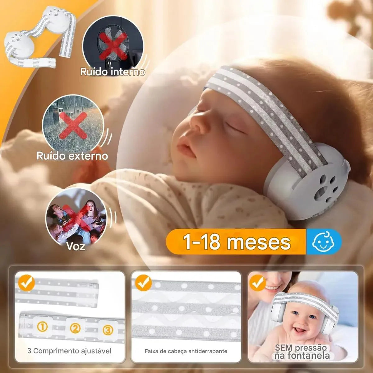 Abafador Ruído Infantil Bebê Protetor Ouvido Autismo Confort - Cinza