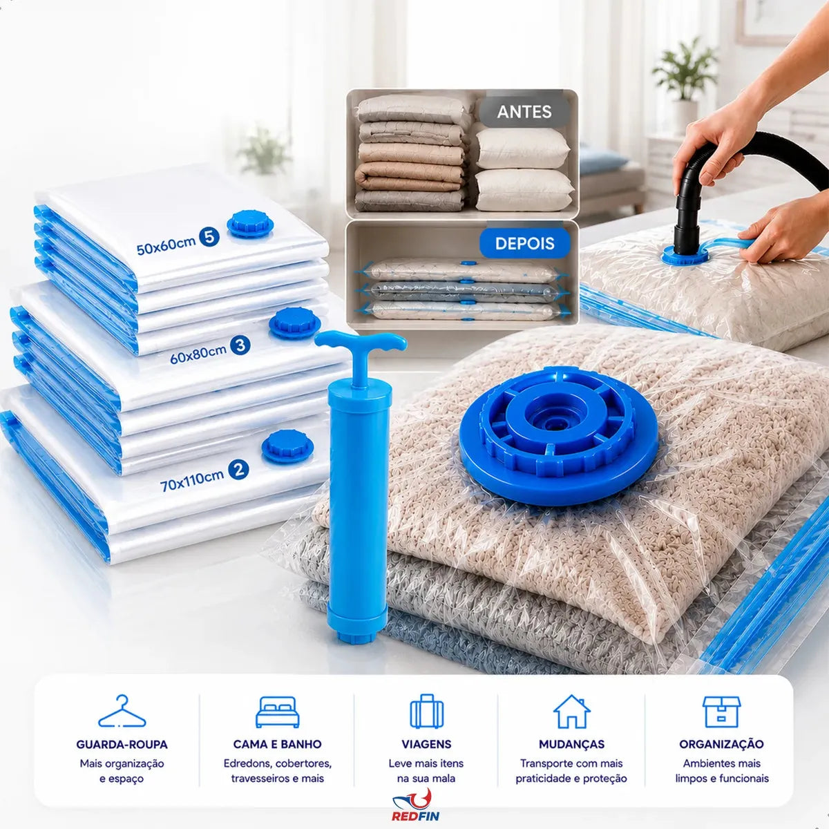 Kit 10 Sacos a Vácuo com Bomba Manual para Viagem e Organização
