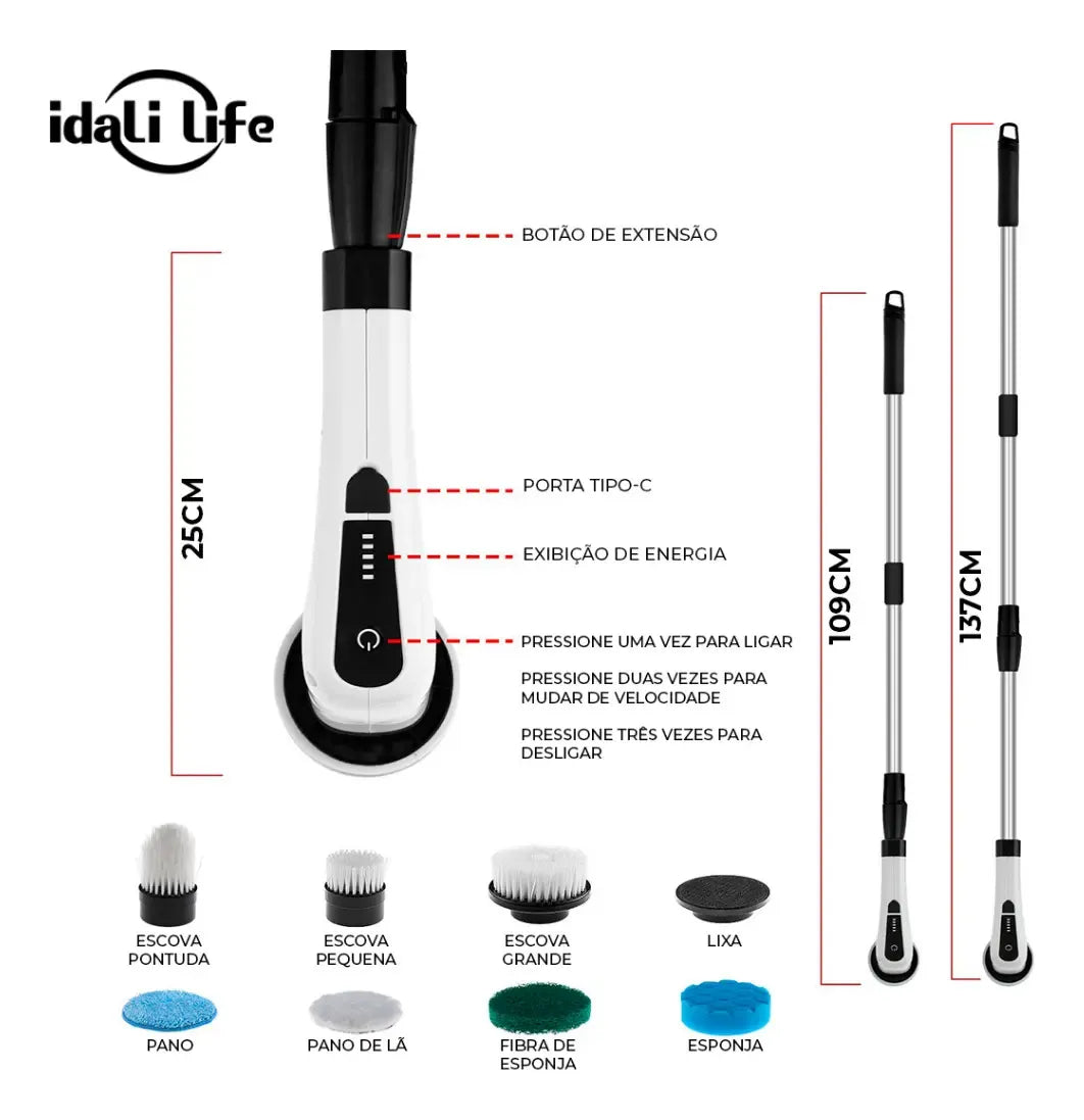 Escova De Limpeza Elétrica 9 Em 1 Recarregável Idali Life Branco