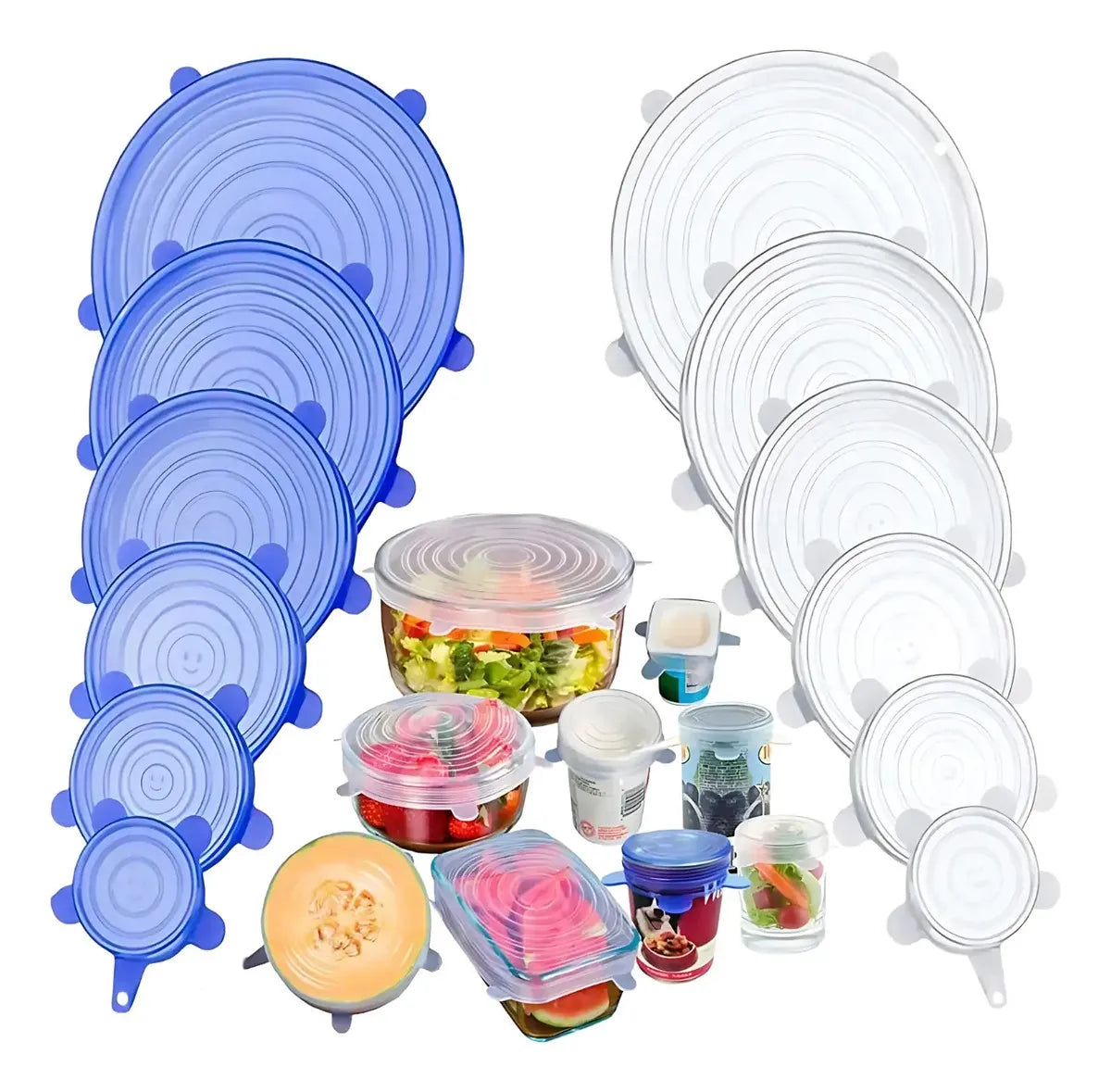 Kit 12 Tampas Silicone Panela Pote Universal Flexível Azul E Transparente