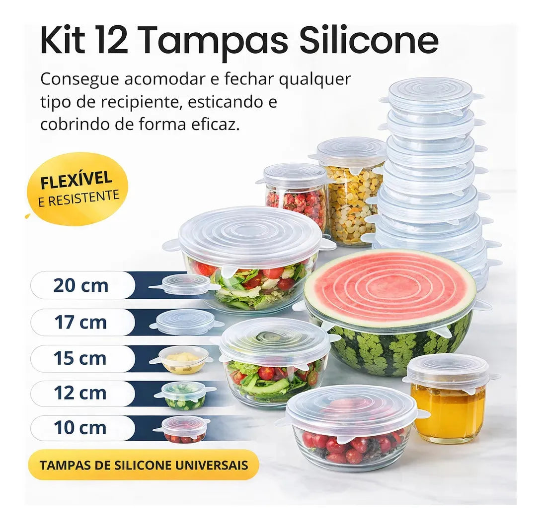 Kit 12 Tampas Silicone Panela Pote Universal Flexível Azul E Transparente