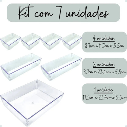 Kit 7 Organizador Acrílico Gaveta Modular Multiuso Maquiagem Transparente