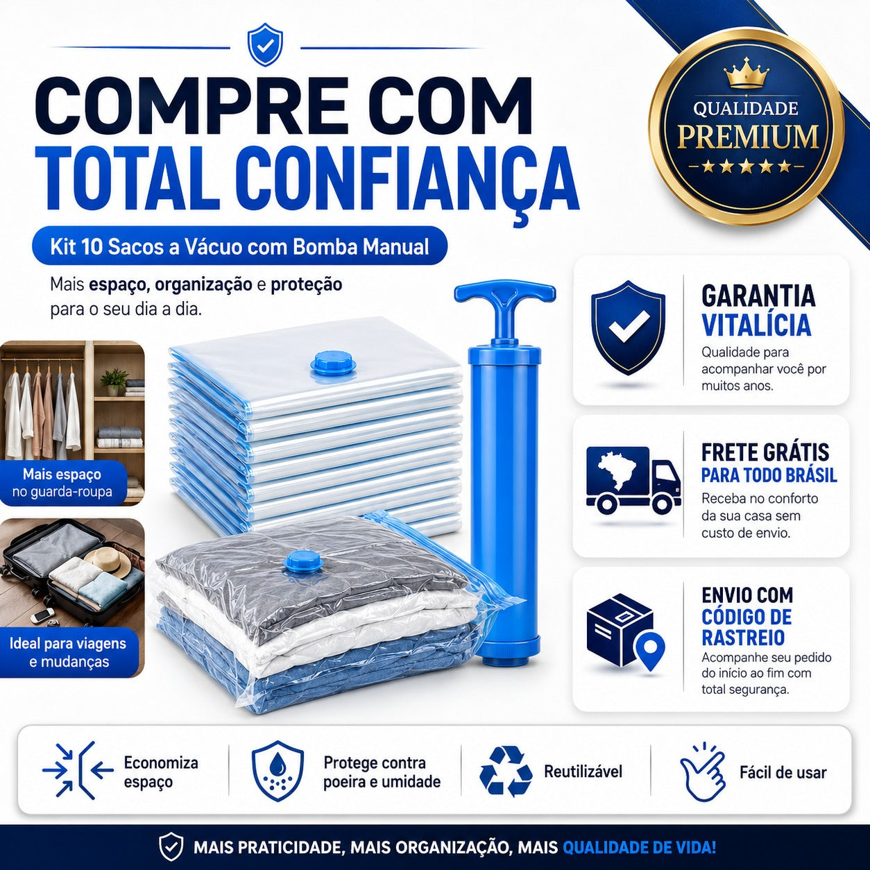 Kit 10 Sacos a Vácuo com Bomba Manual para Viagem e Organização