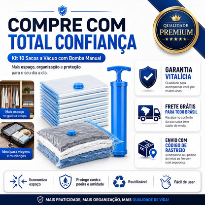 Kit 10 Sacos a Vácuo com Bomba Manual para Viagem e Organização
